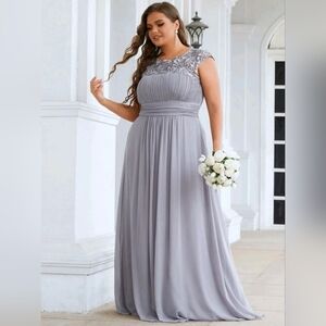 Ever Pretty Gray Pleated Maxi Gown with Flutter Cap Sleeves
